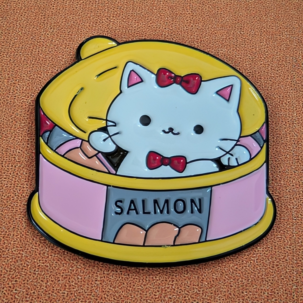 Cute Cat in Salmon Can Enamel Pin - Pink & Yellow